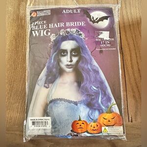 Adult NWT blue hair wig costume 17 inches length